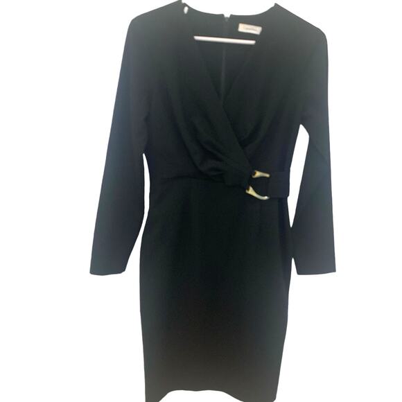 Calvin Klein Party Short Dress 8 Black Faux Wrap Sheath Silver Buckle  Cocktail - Picture 1 of 9